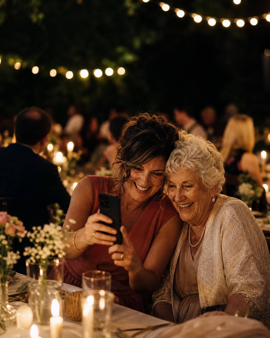 Two wedding guests smiling together while recording a story on a phone